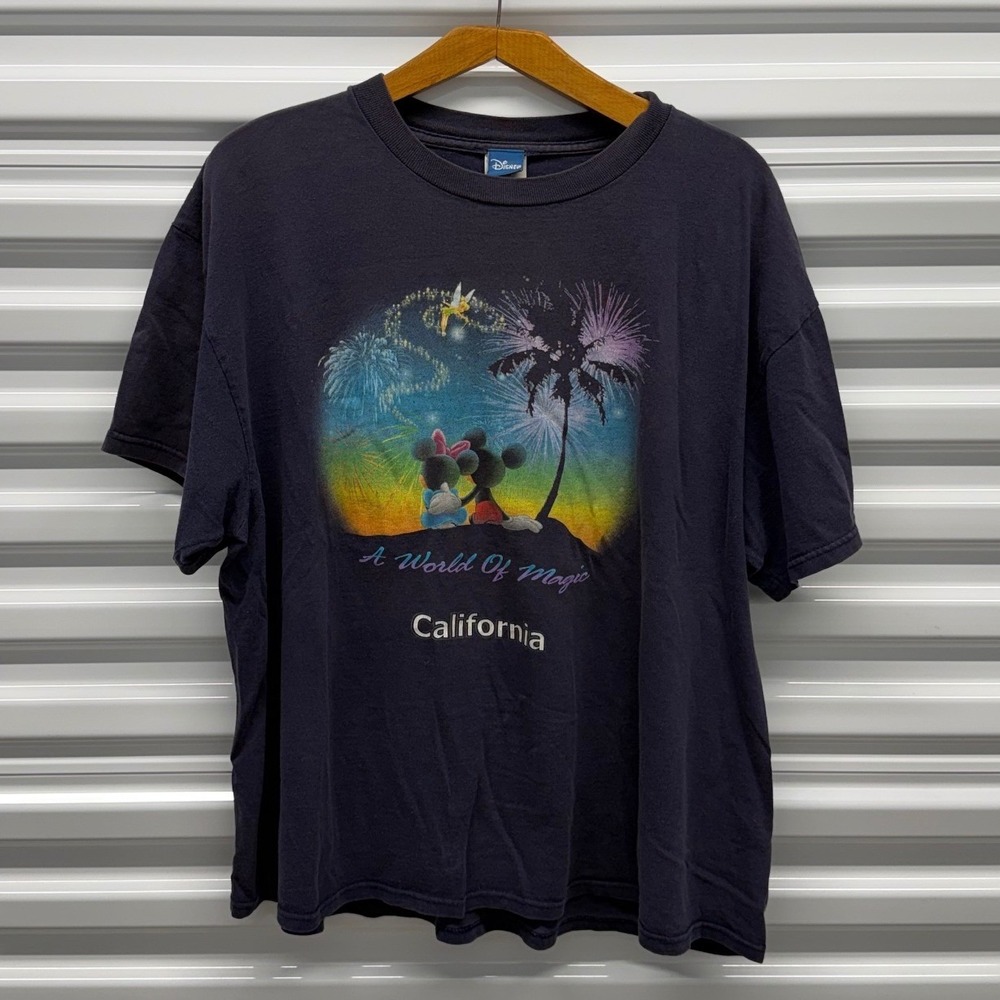 Vintage 90s Disney California Mickey Mouse Sunset Washed Blue Mens XL Shirt